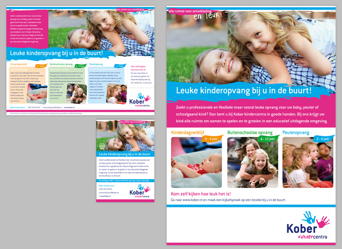 Links: advertenties van De Kober Groep, rechts: Poster van De Kober Groep voor bij de kinderdagverblijven.